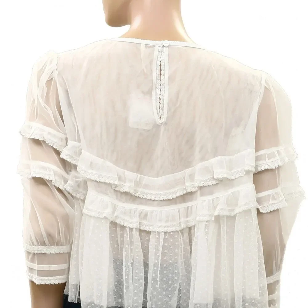 Free People Daisy Daze Blouse Top Ruffle Embroidered Lace Sheer Sequin XS 289937